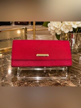Michael Kors Red Saffiano Continental Wallet with Gold Plaque